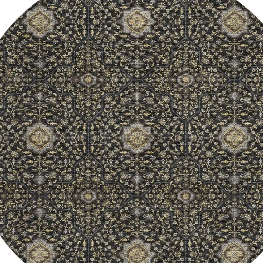 8' Black Brown And Gray Round Oriental Washable Indoor Outdoor Area Rug Photo 2