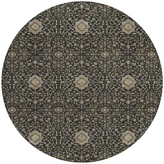 8' Black Brown And Gray Round Oriental Washable Indoor Outdoor Area Rug Photo 3