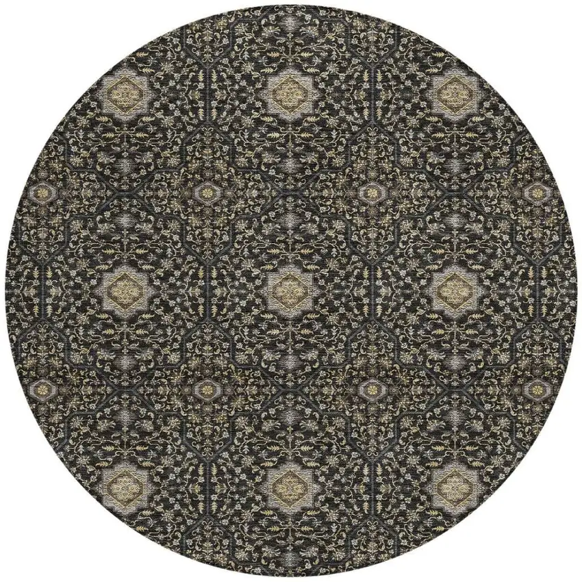8' Black Brown And Gray Round Oriental Washable Indoor Outdoor Area Rug Photo 3