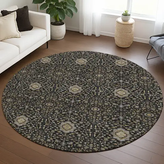 8' Black Brown And Gray Round Oriental Washable Indoor Outdoor Area Rug Photo 5