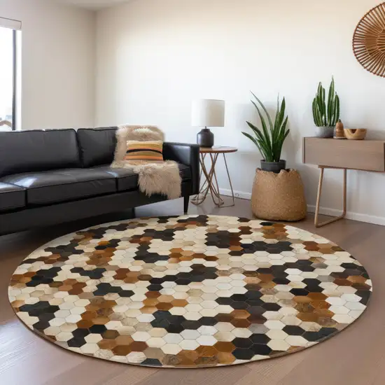 8' Black Brown And Ivory Geometric Washable Round Rug With UV Protection Photo 5