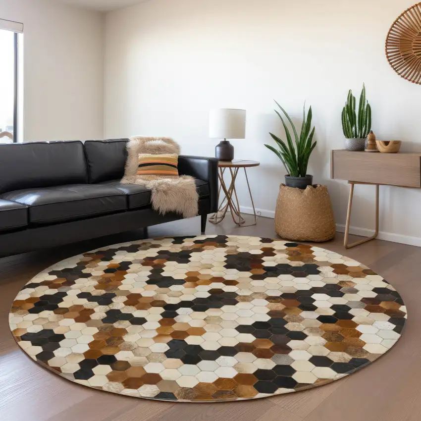 8' Black Brown And Ivory Geometric Washable Round Rug With UV Protection Photo 5