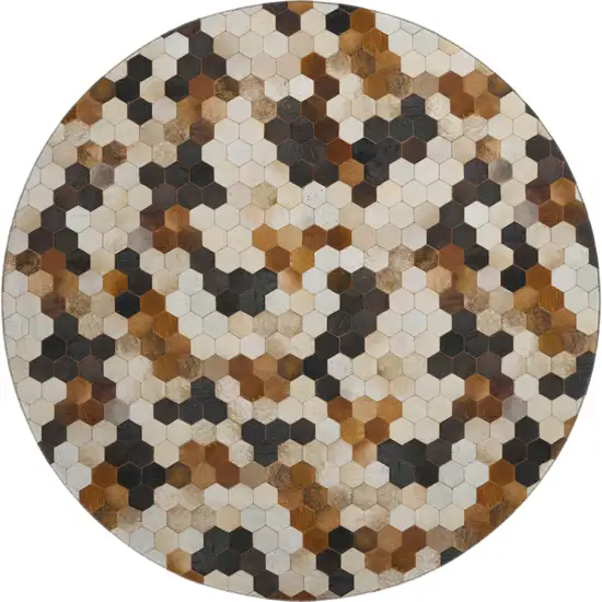 8' Black Brown And Ivory Geometric Washable Round Rug With UV Protection Photo 2
