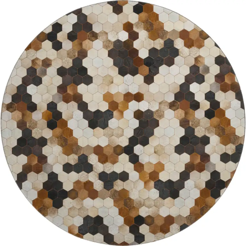 8' Black Brown And Ivory Geometric Washable Round Rug With UV Protection Photo 2