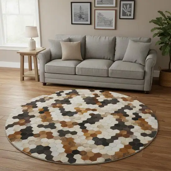 8' Black Brown And Ivory Geometric Washable Round Rug With UV Protection Photo 1