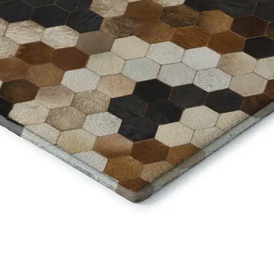 8' Black Brown And Ivory Geometric Washable Round Rug With UV Protection Photo 4