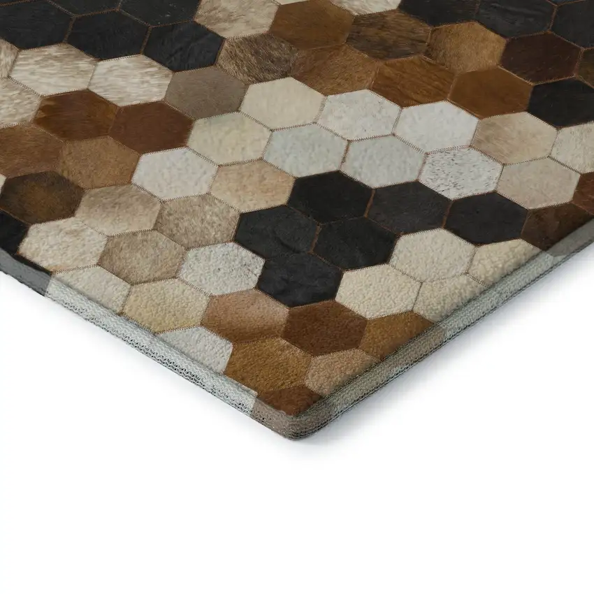 8' Black Brown And Ivory Geometric Washable Round Rug With UV Protection Photo 4