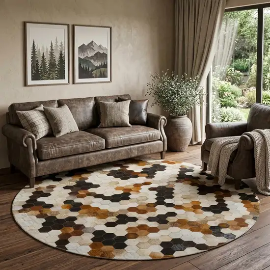 8' Black Brown And Ivory Geometric Washable Round Rug With UV Protection Photo 1