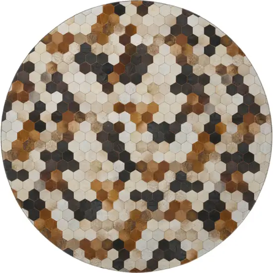 8' Black Brown And Ivory Geometric Washable Round Rug With UV Protection Photo 4