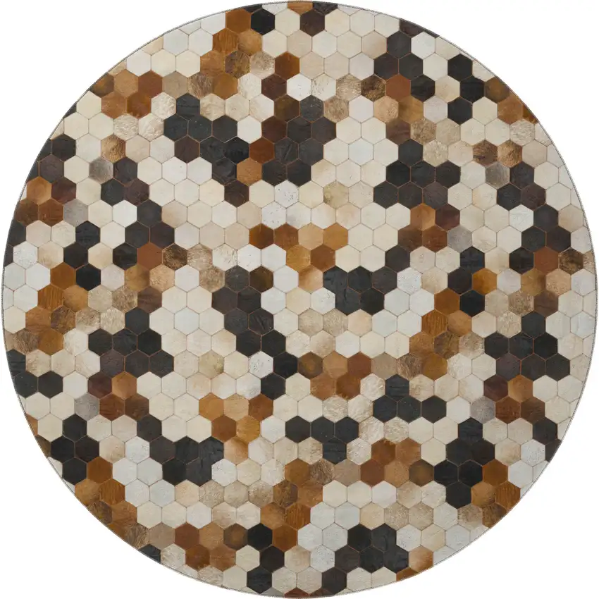 8' Black Brown And Ivory Geometric Washable Round Rug With UV Protection Photo 4