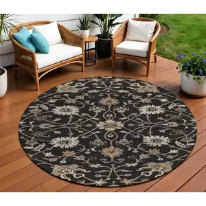 Photo of 8' Black Brown And Ivory Round Floral Washable Indoor Outdoor Area Rug