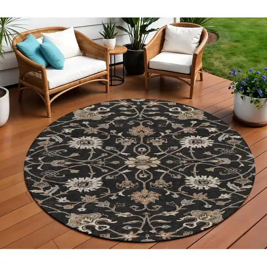 8' Black Brown And Ivory Round Floral Washable Indoor Outdoor Area Rug Photo 1