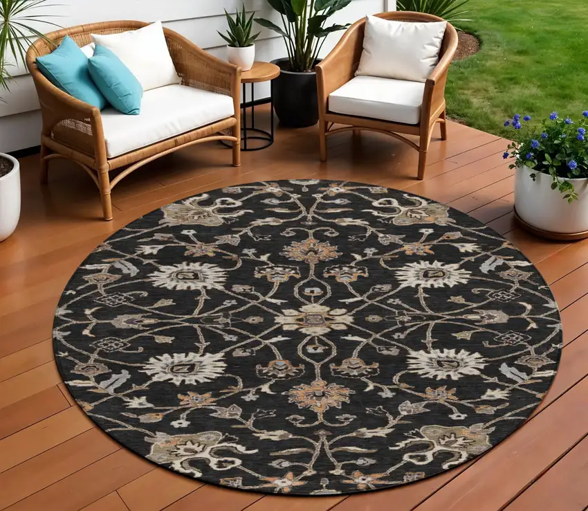 8' Black Brown And Ivory Round Floral Washable Indoor Outdoor Area Rug Photo 1
