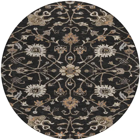 8' Black Brown And Ivory Round Floral Washable Indoor Outdoor Area Rug Photo 2