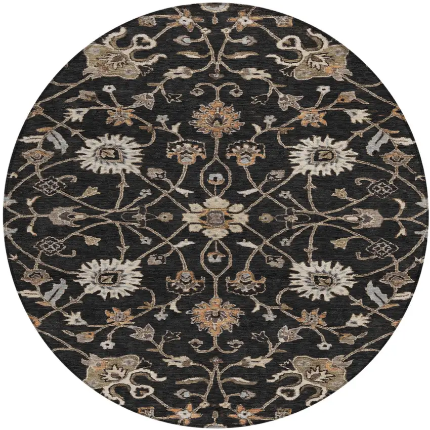 8' Black Brown And Ivory Round Floral Washable Indoor Outdoor Area Rug Photo 2