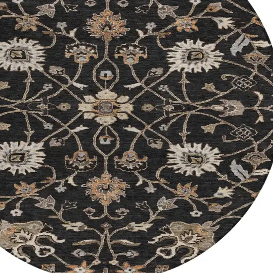 8' Black Brown And Ivory Round Floral Washable Indoor Outdoor Area Rug Photo 5