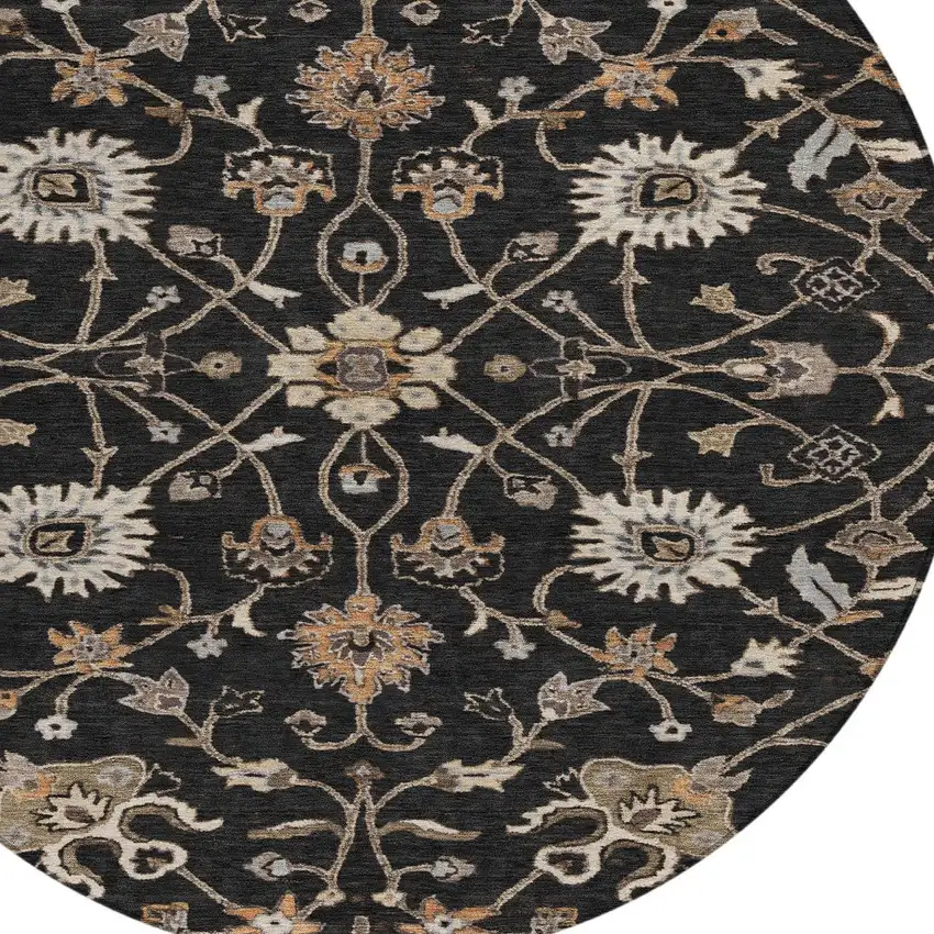 8' Black Brown And Ivory Round Floral Washable Indoor Outdoor Area Rug Photo 5
