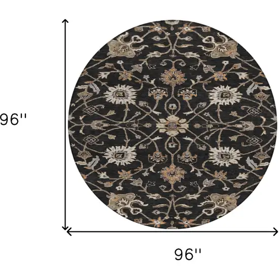 8' Black Brown And Ivory Round Floral Washable Indoor Outdoor Area Rug Photo 8