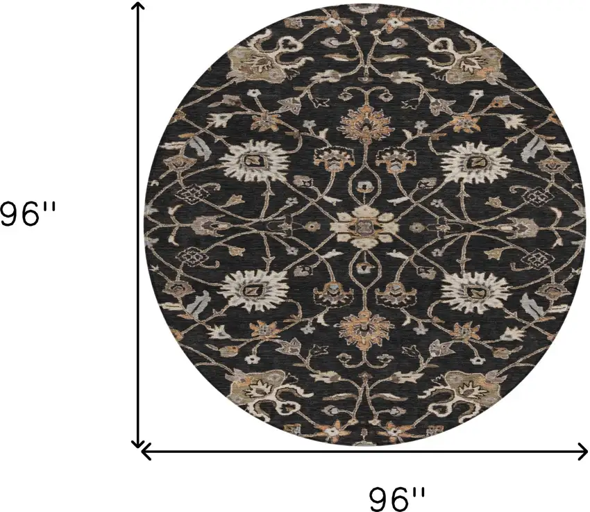 8' Black Brown And Ivory Round Floral Washable Indoor Outdoor Area Rug Photo 8