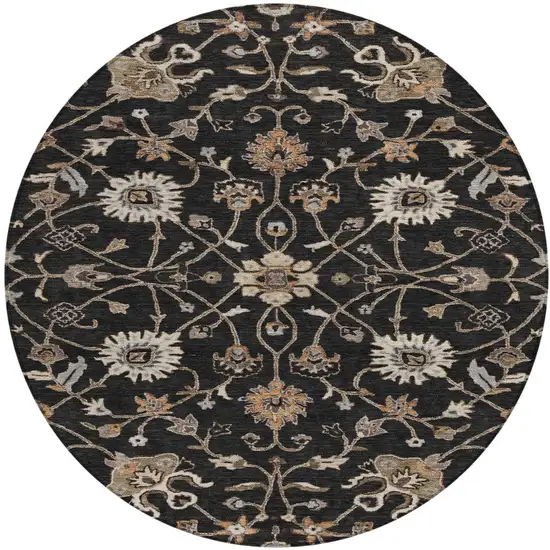 8' Black Brown And Ivory Round Floral Washable Indoor Outdoor Area Rug Photo 7