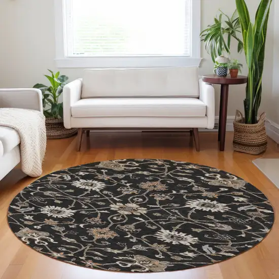 8' Black Brown And Ivory Round Floral Washable Indoor Outdoor Area Rug Photo 9