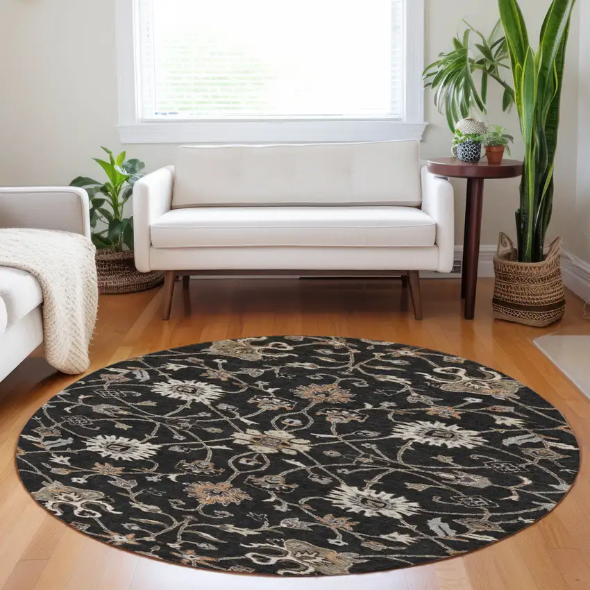 8' Black Brown And Ivory Round Floral Washable Indoor Outdoor Area Rug Photo 9