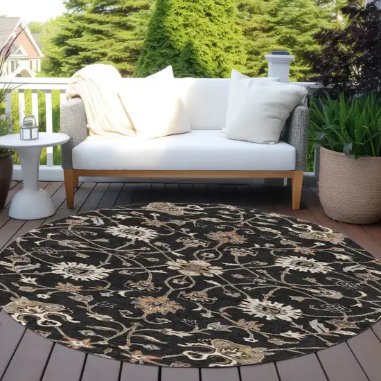 8' Black Brown And Ivory Round Floral Washable Indoor Outdoor Area Rug Photo 8