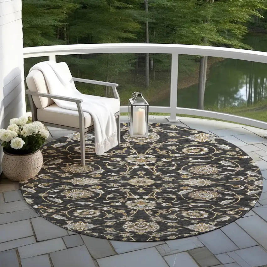 8' Black Brown And Ivory Round Moroccan Washable Indoor Outdoor Area Rug Photo 8