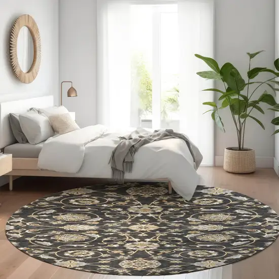 8' Black Brown And Ivory Round Moroccan Washable Indoor Outdoor Area Rug Photo 9
