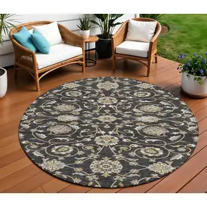 Photo of 8' Black Brown And Ivory Round Moroccan Washable Indoor Outdoor Area Rug