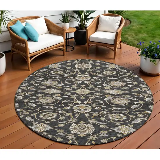 8' Black Brown And Ivory Round Moroccan Washable Indoor Outdoor Area Rug Photo 1