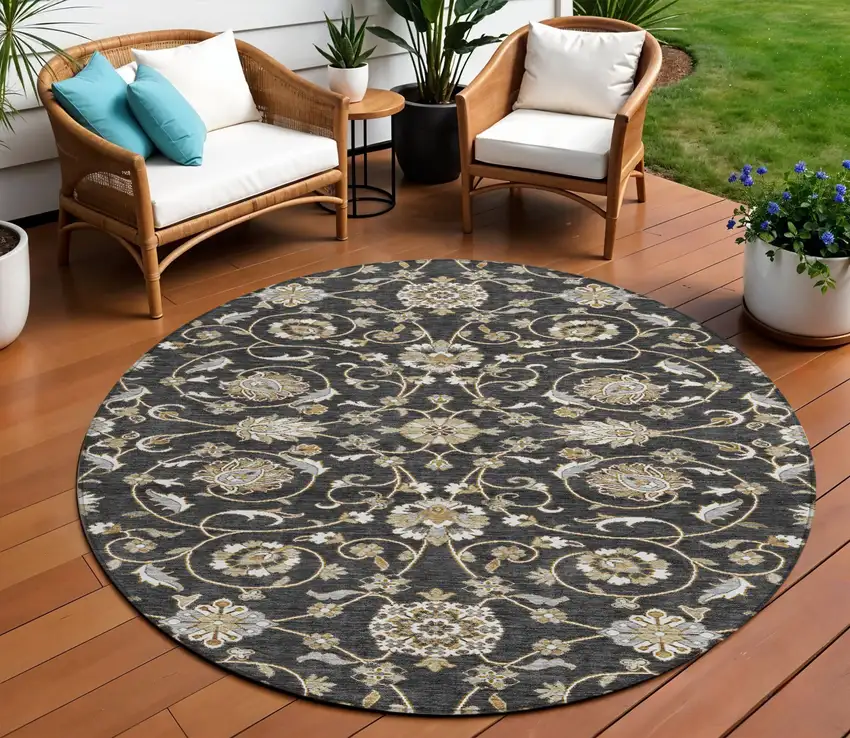 8' Black Brown And Ivory Round Moroccan Washable Indoor Outdoor Area Rug Photo 1