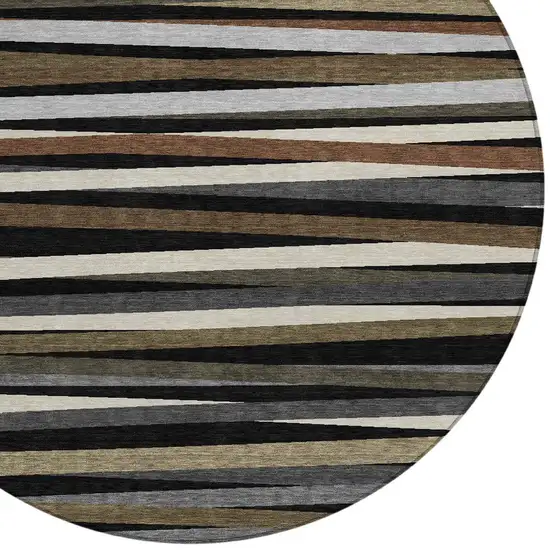 8' Black Brown And Ivory Round Striped Washable Indoor Outdoor Area Rug Photo 4