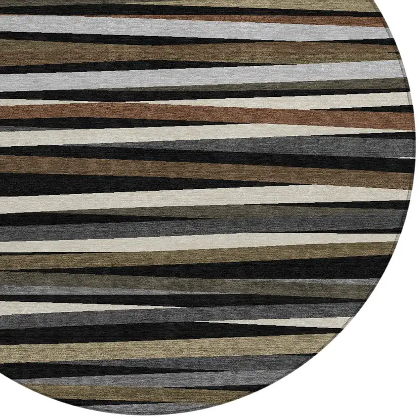 8' Black Brown And Ivory Round Striped Washable Indoor Outdoor Area Rug Photo 4