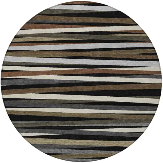 8' Black Brown And Ivory Round Striped Washable Indoor Outdoor Area Rug Photo 5