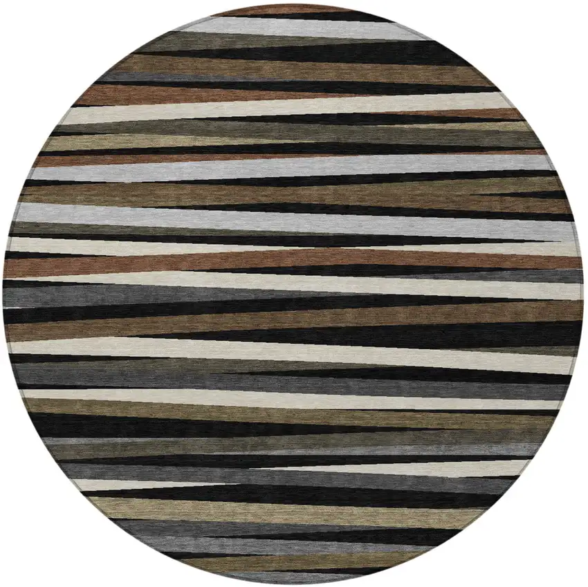 8' Black Brown And Ivory Round Striped Washable Indoor Outdoor Area Rug Photo 5