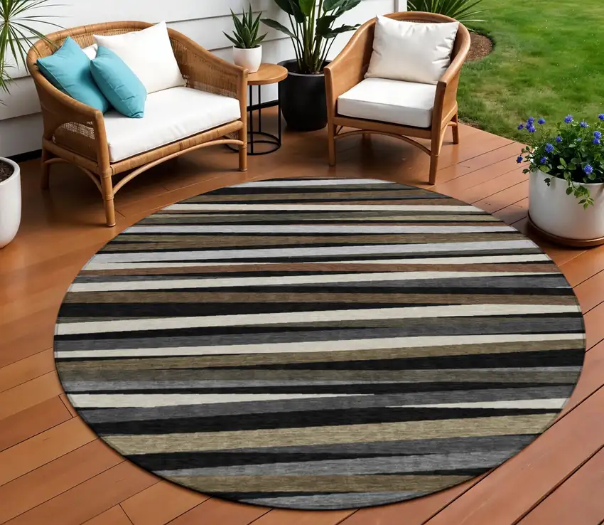 8' Black Brown And Ivory Round Striped Washable Indoor Outdoor Area Rug Photo 1