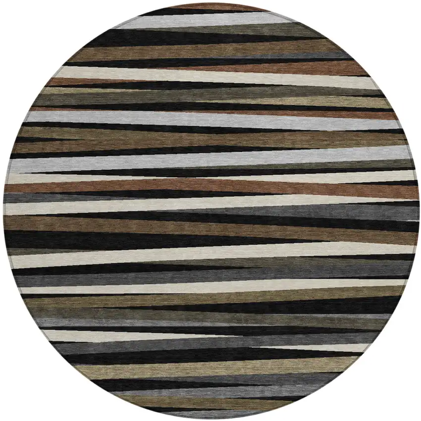 8' Black Brown And Ivory Round Striped Washable Indoor Outdoor Area Rug Photo 2