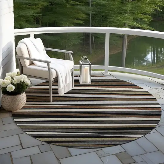 8' Black Brown And Ivory Round Striped Washable Indoor Outdoor Area Rug Photo 6