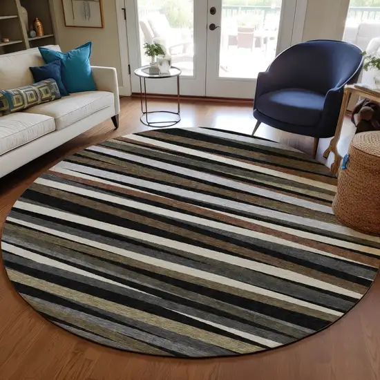 8' Black Brown And Ivory Round Striped Washable Indoor Outdoor Area Rug Photo 7