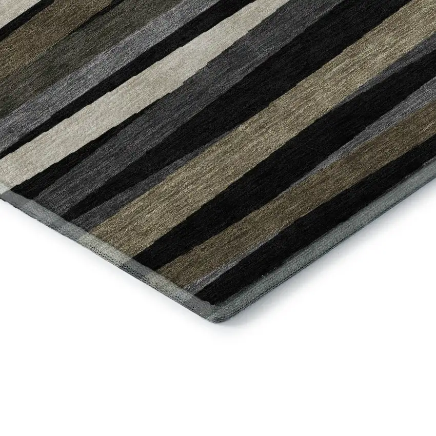 8' Black Brown And Ivory Striped Washable Round Rug With UV Protection Photo 5