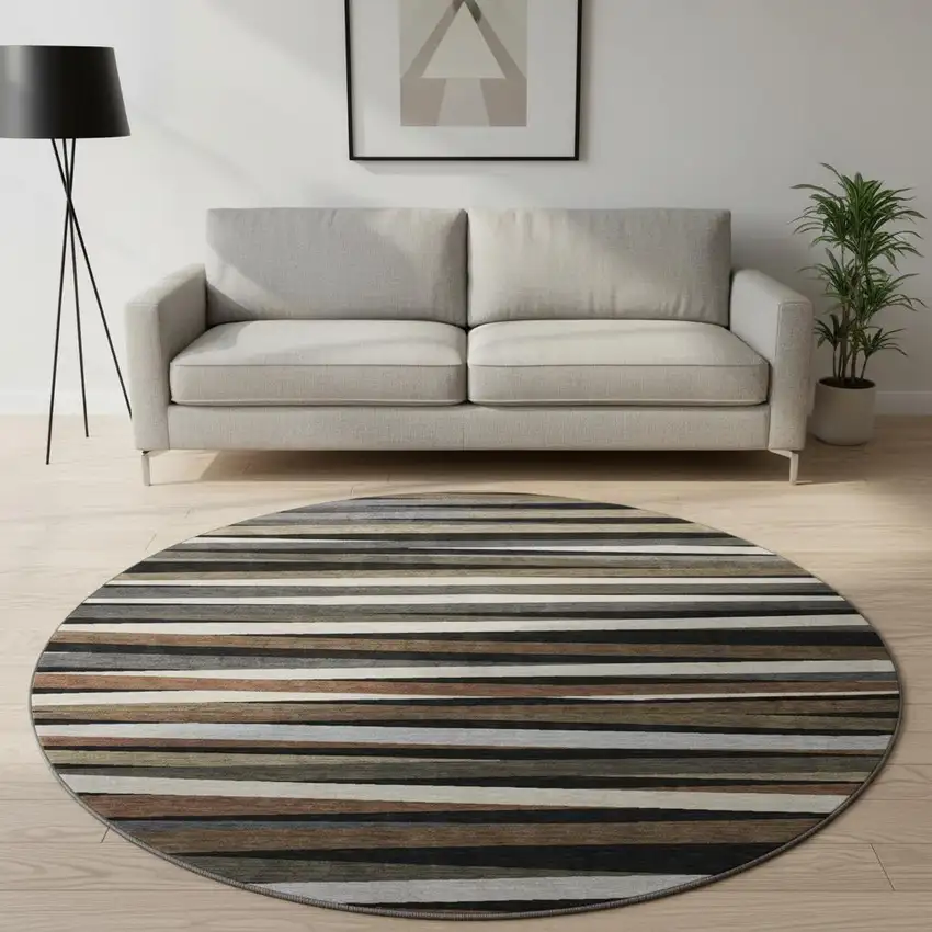 8' Black Brown And Ivory Striped Washable Round Rug With UV Protection Photo 2