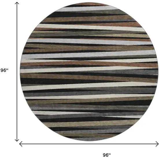 8' Black Brown And Ivory Striped Washable Round Rug With UV Protection Photo 8