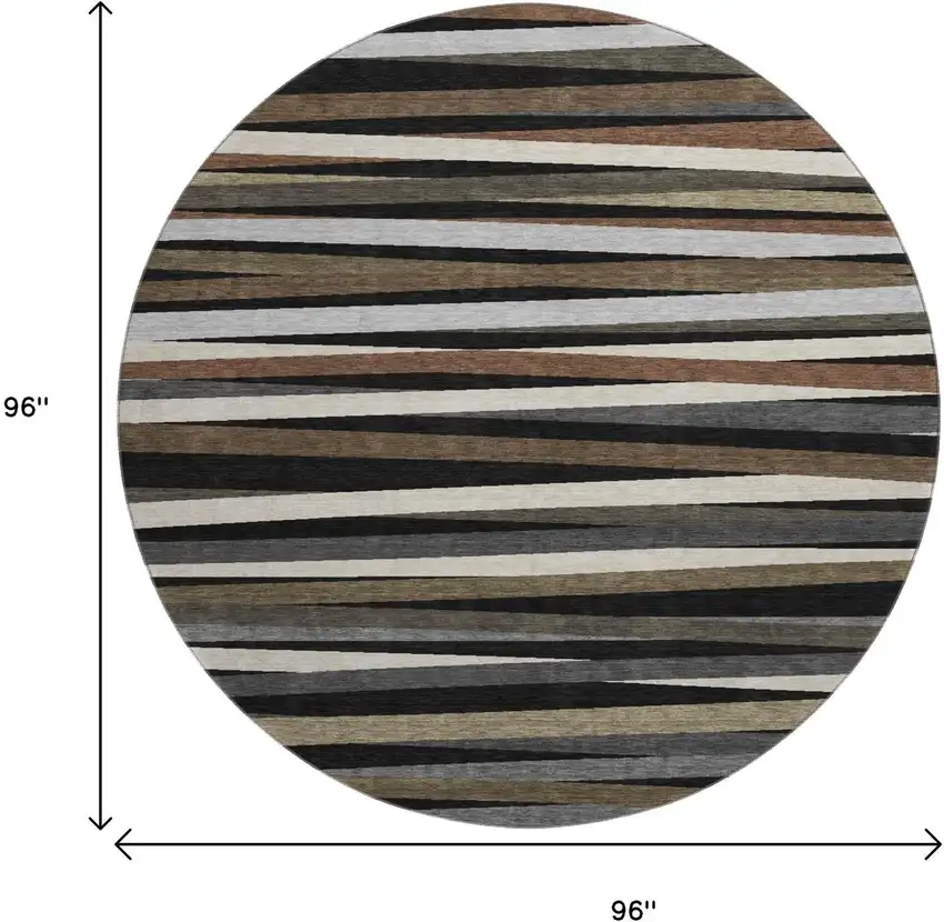 8' Black Brown And Ivory Striped Washable Round Rug With UV Protection Photo 8