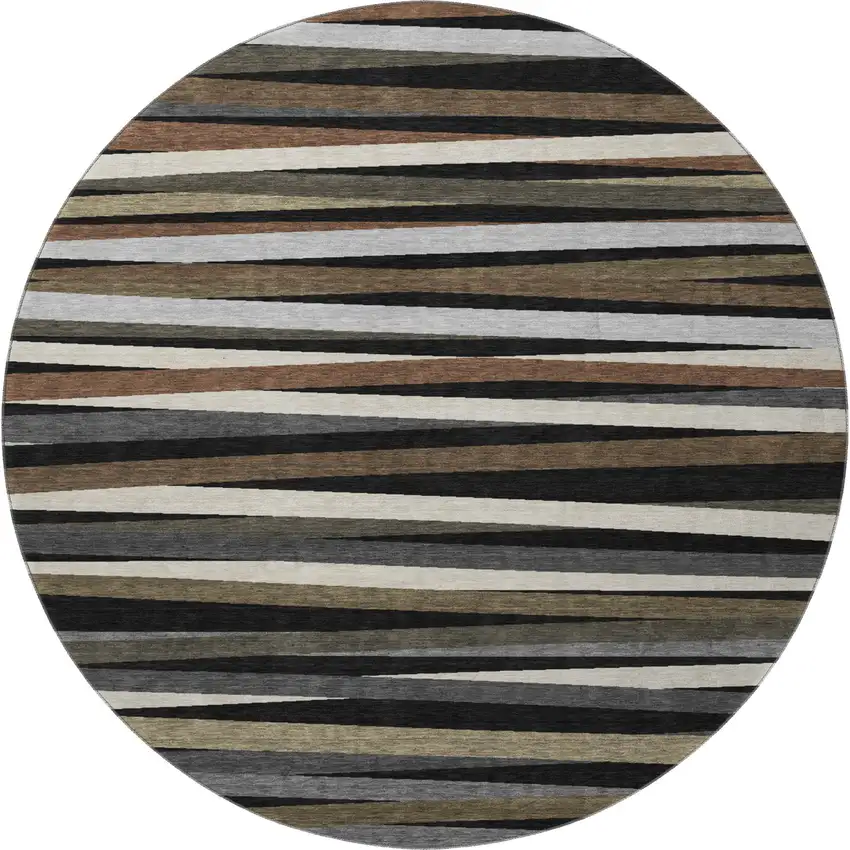 8' Black Brown And Ivory Striped Washable Round Rug With UV Protection Photo 2