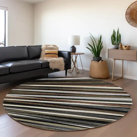8' Black Brown And Ivory Striped Washable Round Rug With UV Protection Photo 3