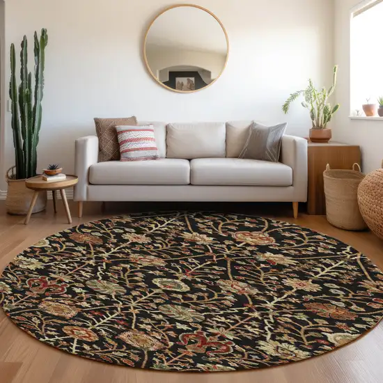 8' Black Brown And Red Round Floral Washable Indoor Outdoor Area Rug Photo 9