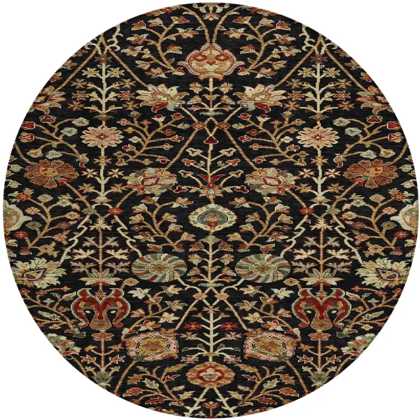 8' Black Brown And Red Round Floral Washable Indoor Outdoor Area Rug Photo 2