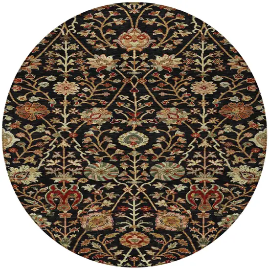 8' Black Brown And Red Round Floral Washable Indoor Outdoor Area Rug Photo 7