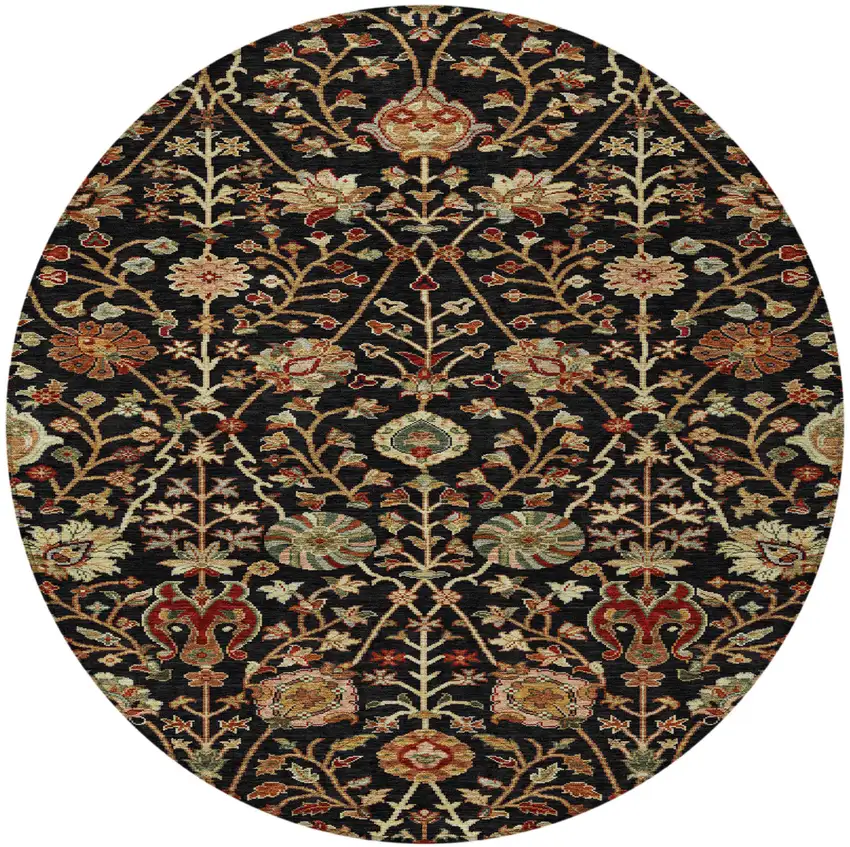 8' Black Brown And Red Round Floral Washable Indoor Outdoor Area Rug Photo 7